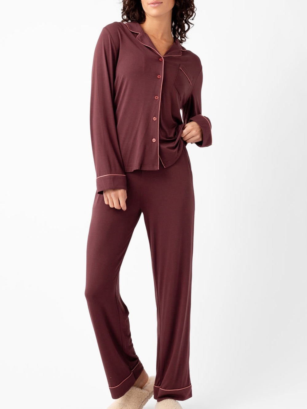 RARE COZY EARTH Bamboo Stretch-Knit Long Sleeve Pajama Set in Burgundy